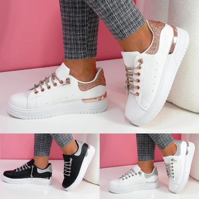 Womens Lace Up Glitter Trainers Ladies Plimsolls Platform Sneakers Shoes Size