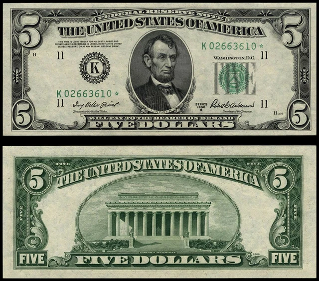 FR. 1963 K* $5 1950-B Federal Reserve Note Dallas Gem CU Star