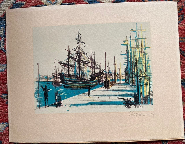 Carzou. Lithographie signée. Christophe Colomb, caravelle, litho signée 1954.
