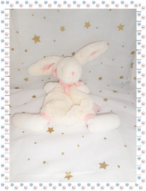 ⑯- Doudou Plat Lapin Blanc Rose Collection  Bonbon Doudou et Compagnie