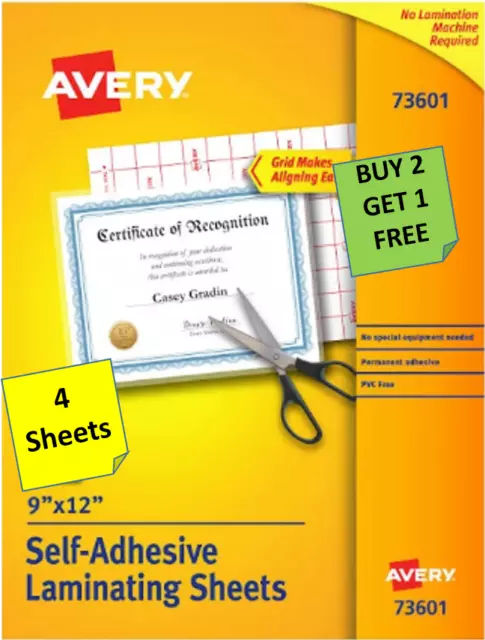 [4 Sheets] Avery 73601 Self-Adhesive Laminating Sheets 9 x 12 B2G1