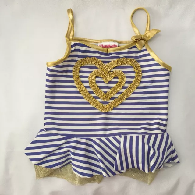 Flapdoodles Girls Size 6X Blue White Gold Striped Ruffle Tankini Top