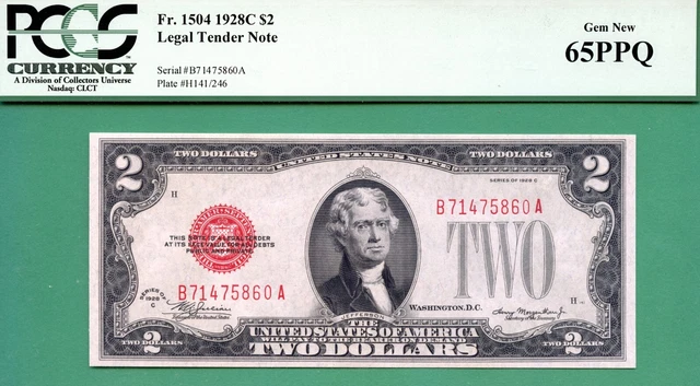 1928C $2 USN - PCGS GEM 65 PPQ - Fr 1504 - 1928 C $2 USN - PCGS GEM 65 PPQ