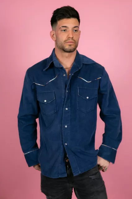 Camicia western vintage blu navy spessa velluto a coste con tubazioni a quadri
