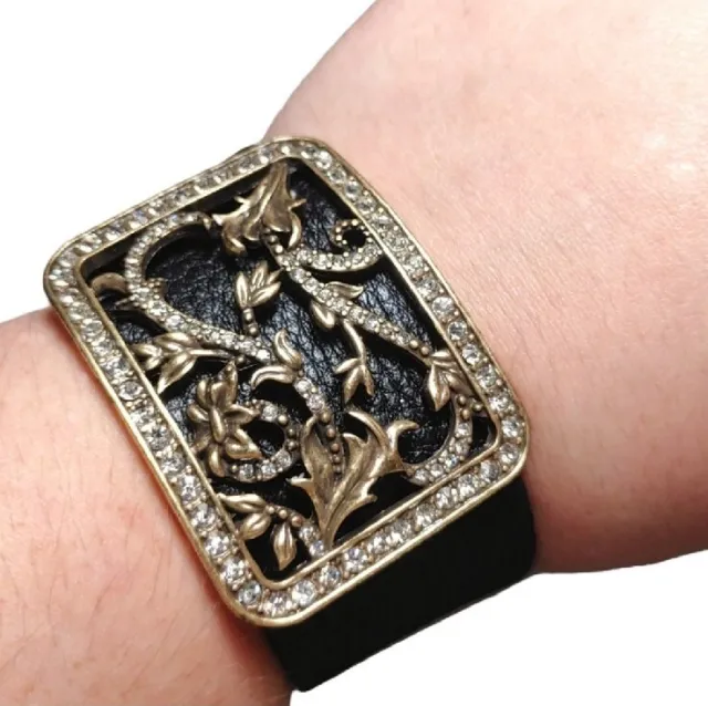 Lucky Brand Leather Rhinestone Floral Art Deco Magnetic Closure Bracelet Jewelry