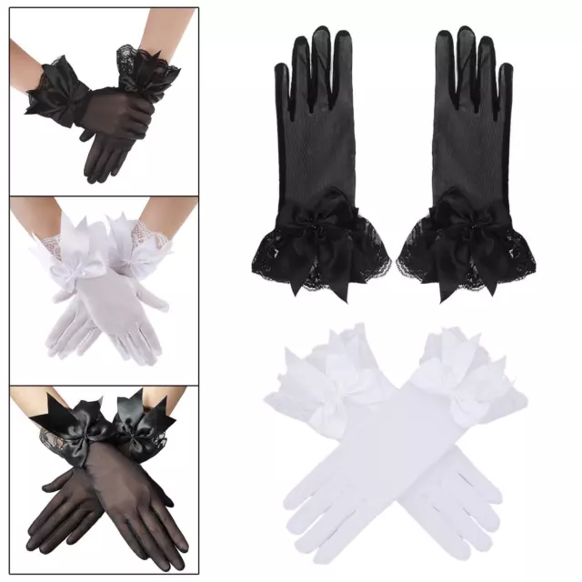 Women's lace gloves, wrist length, bow decoration,