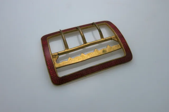 1930s Vintage Art Deco Guilloche Red Enamel Belt Buckle Gilded Metal