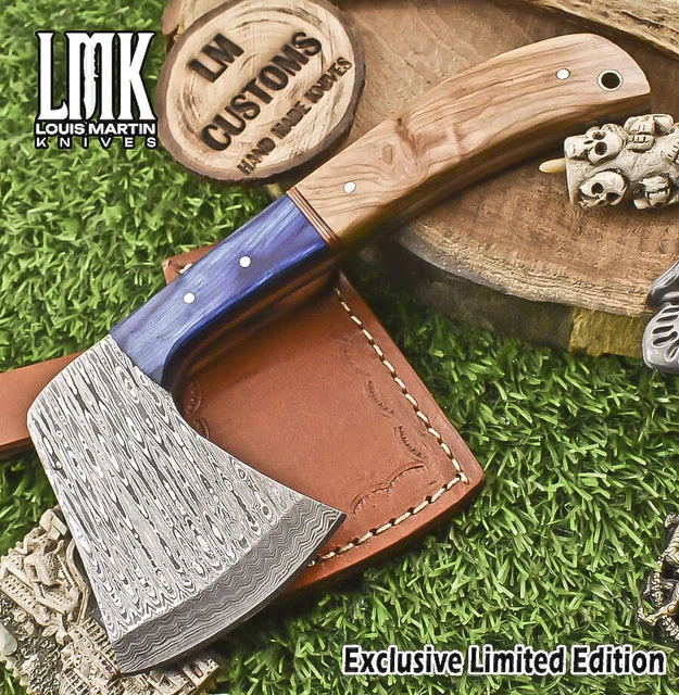 CUSTOM HAND Clever Chopper Axe Knife Ladder Damascus Olive Wood