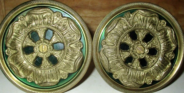 Pair Vintage Solid Brass Medallion Drapery Curtain Tie Backs & Green Backgrounds