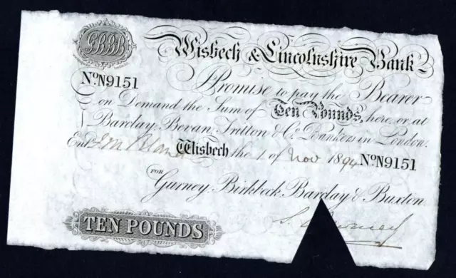 Provincial,  1894 Wisbech & Lincolnshire Bank £10 Pounds Banknote, Out 2382aa