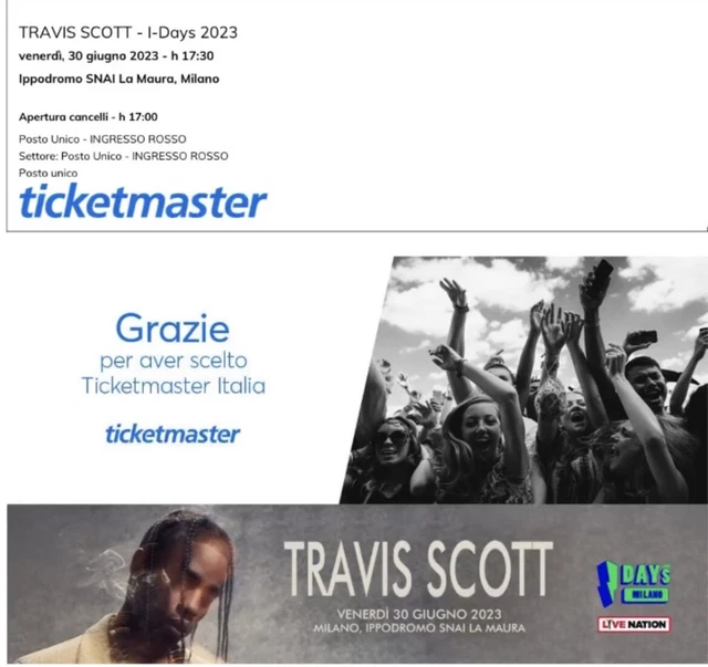 Biglietto Travis Scott  30/06/2023 - Ippodromo Milano.Posto Unico Ingresso rosso