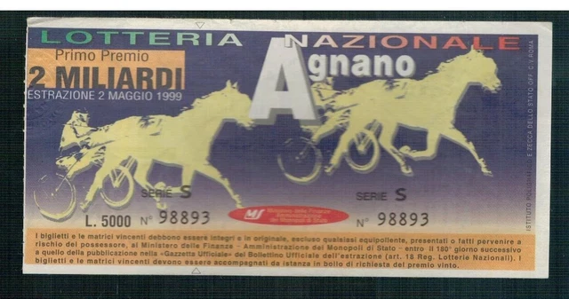 Biglietto  Lotteria Nazionale di Agnano 1999 j