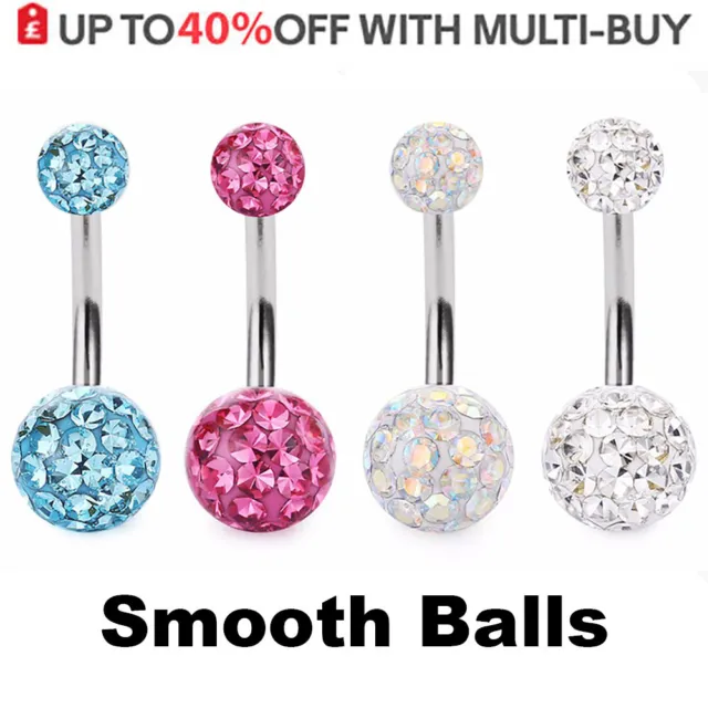 Belly Bar Navel Button Ring CZ Crystal Smooth Gem Balls Body Piercing Jewellery