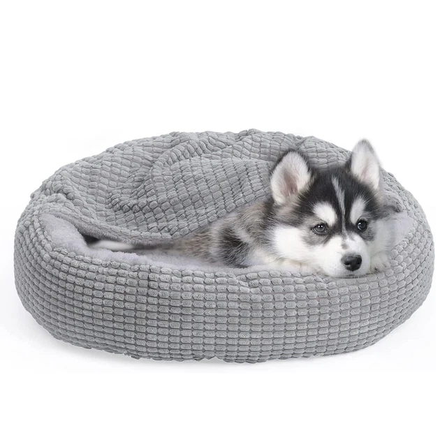 Dog Cat Bed w/ Hooded Blanket Donut Round Calming Anti-Anxiety Pet Cave 23"x23"
