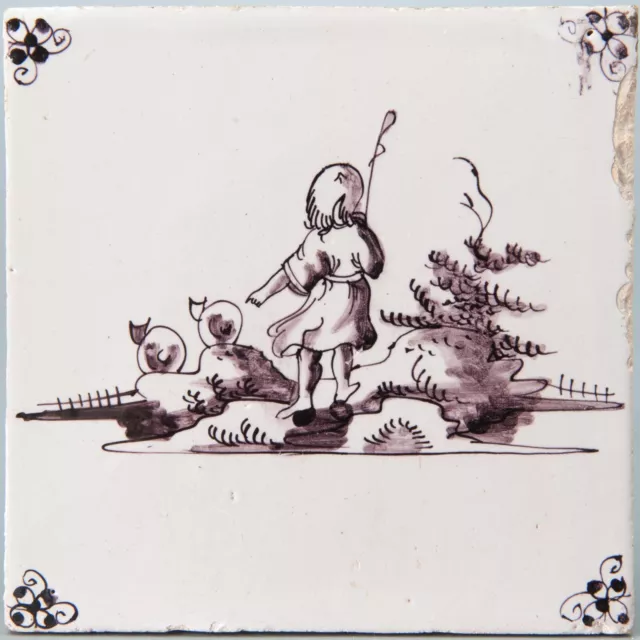 Dutch Delft manganese tile, shepherd and sheep in a landscape, early 18th ct.