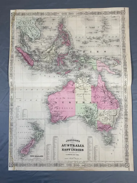 1867 Colored Map ~ AUSTRALIA, NEW ZEALAND, EAST INDIES ~ A.J. Johnson Map