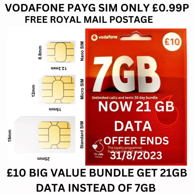 VODAFONE Sim Card Pay As You GO PAYG STANDARD MICRO NANO 21GB FOR £10 BUNDLE