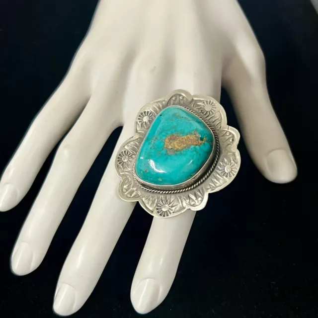 Navajo Handmade Stamped Sterling Silver Turquoise  Ring