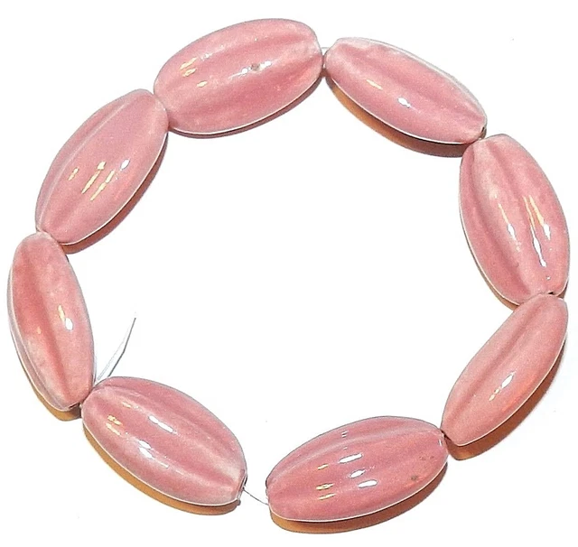 CPC153 Dark Rose Pink 26mm - 28mm Fluted Oval Barrel Porcelain Beads 8"