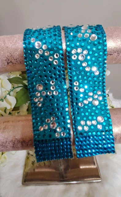 Set of 2  Bracelets Cuffs Blue Zircon Clear Crystals  Ballroom Dance Jewelry