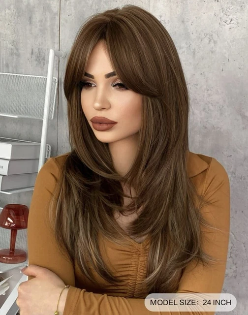 Perruque Longue Femme Brune Doré Synthétique Avec Frange - Bonnet Intégré - Neuf Sans étiquettes
