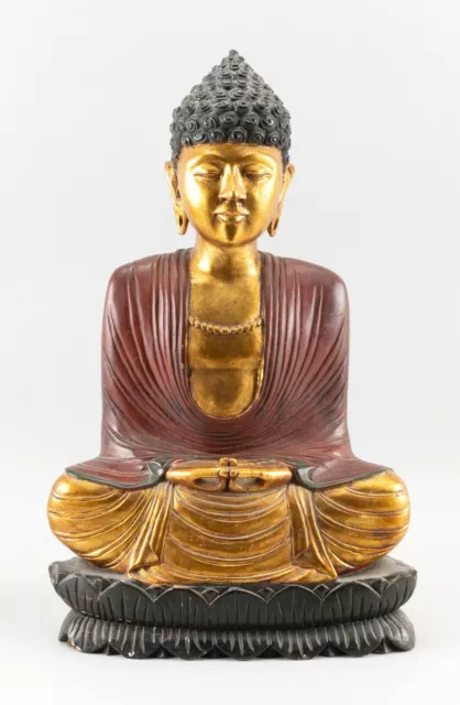 Antique Carved Chinese Buddha Statue Seated on Lotus Wood painted Nice!