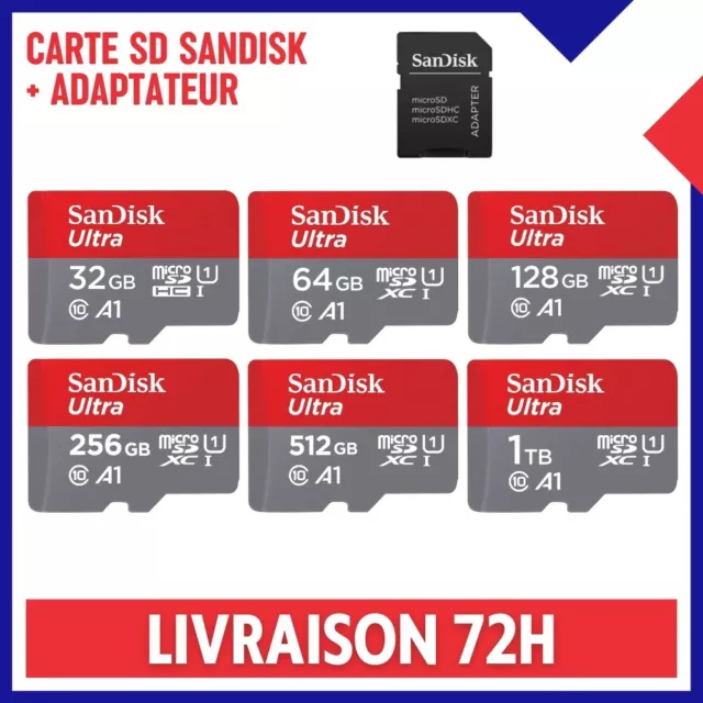 Carte Micro SD SANDISK Mémoire 32 64 128 256 512 Go GB 1 To SDXC A1 + Adaptateur