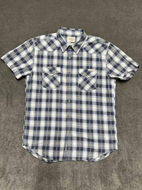 Lucky Brand Pearl Snap Shirt Mens Medium Western Blue Plaid Short Sleeve
