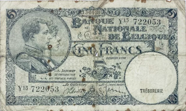 1938 Belgien 5 Belgischer Frank (Franken) Banknote König Leopold (Vor Euro/Münze)