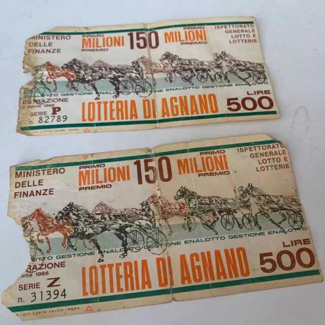 2 Biglietti  - Lotteria Di Agnano 1966 - Lire 500