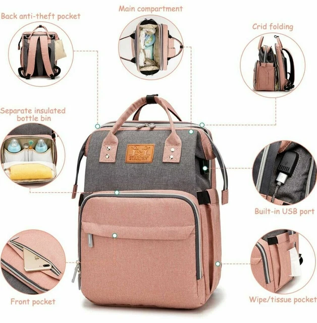 Diaper/Nappy Bag Backpack With Foldable Baby Changing Station and Baby Bassinet