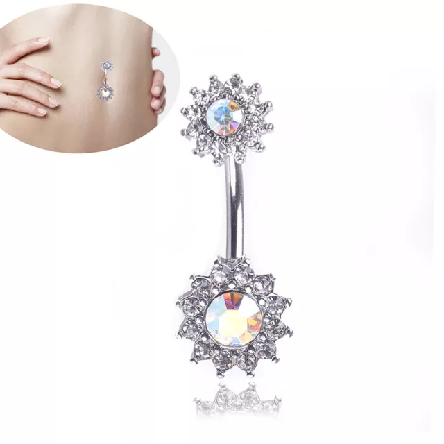 Flower Dangle Navel Belly Button Ring Barbell Crystal Piercing Body Jewelry_C_tu