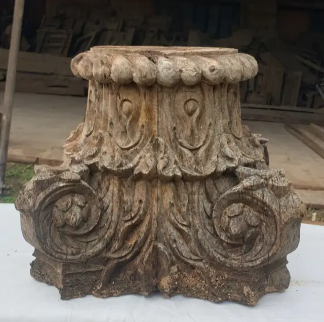 Antique Wooden Column Base Garden Stool French Colonial Original Old Hand Carved