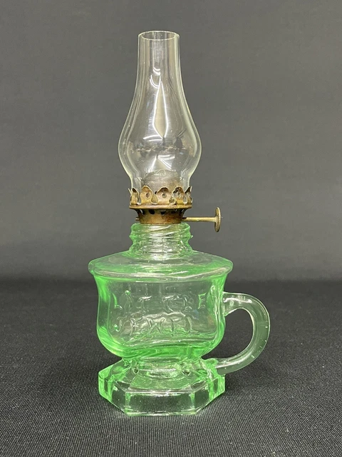c.1920 Miniature Little Jewel Uranium Green Glass Oil Lamp w Burner & Chimney c.1920 Miniature Little Jewel Uranium Green Glass Oil Lamp w Burner & Chimney