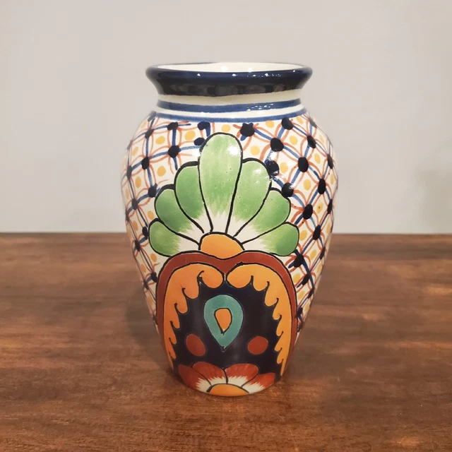 Talavera Handpainted Pottery  Vase Urn Mexico Signed Garay 6.5" Floral