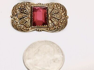 Antique Edwardian Art Nouveau Square Red Art Glass Filigree￼ Pin Brooch