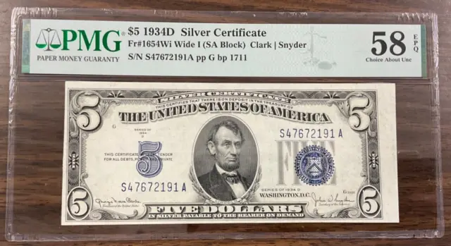 1934D $5 Silver Certificate Fr#1654Wi Wide I (SA Block) PMG 58 / EPQ