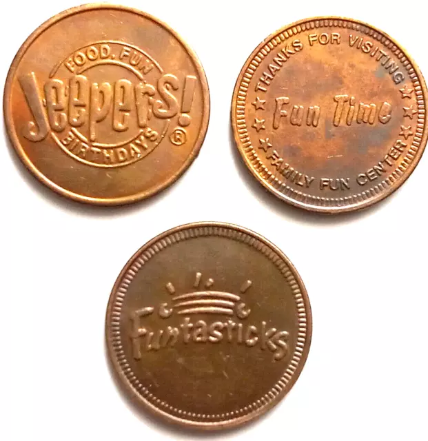 Arcade Token Lot Of 3 Fun Time Funtasticks & Jeepers Brass .875"