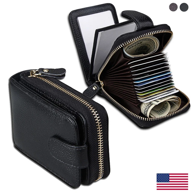 Men Women Wallet Genuine Leather RFID Zip Around Front Pocket Credit Card Holder