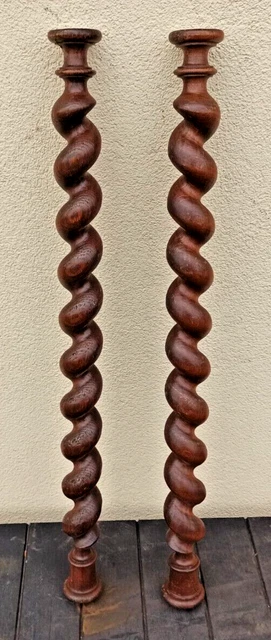 31" French Antique Pair Carved Wood Trim Posts Pillars Columns Oak