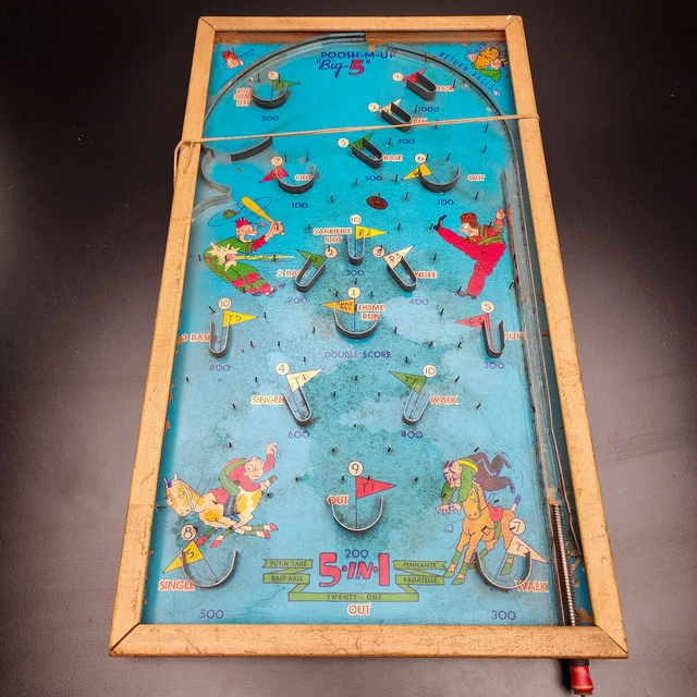 ANTIQUE 1930'S POOSHMUP "Big 5" Pin Ball Game 5 in 1, Wooden Frame