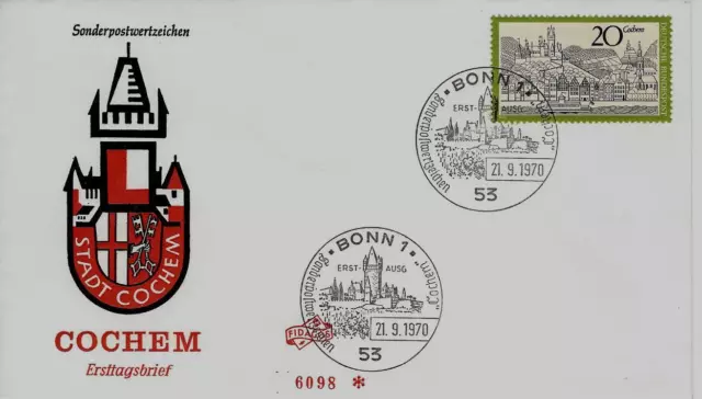 BRD FDC MiNr 649 (6P) Fremdenverkehr (III): Cochem an der Mosel -Burg-Weinanbau-