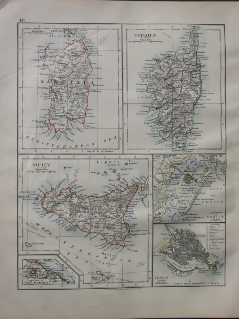 1900 Victorian Map ~ Sardinia Corsica Sicily ~ Venice City Plan Lagoons