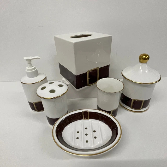 Harrods Accessori Bagno Set Nuovo con Etichette 6 Pezzi Ceramica Bianca Marrone