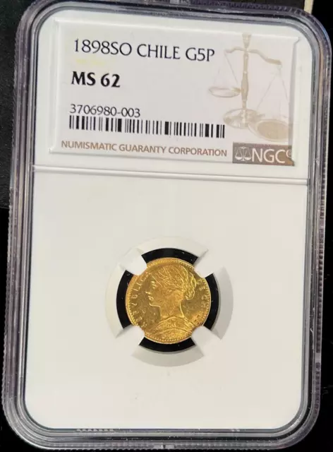 Republic of Chile 1898 Gold 5 Pesos *NGC MS-62* Scarce Low Mintage 3 Year Type