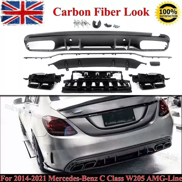 Amg C63 S Style Rear Diffuser Carbon Look For Mercedes C Class W205 2014-2021 Uk