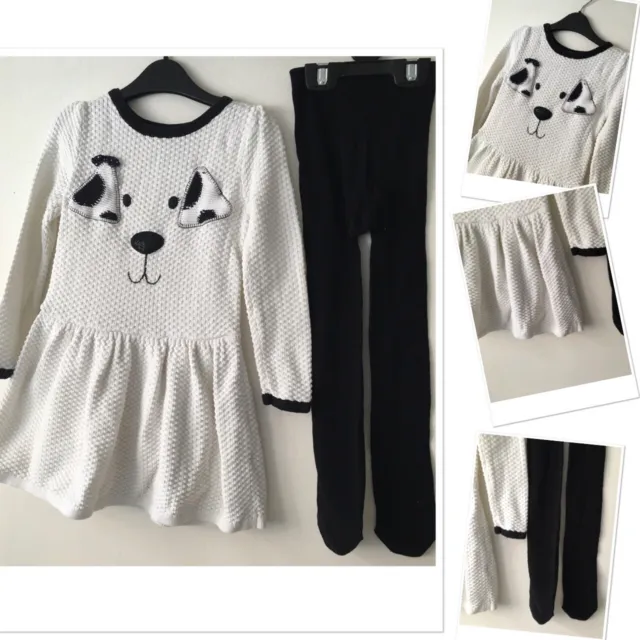 TU girls pup theme jumper dress exc u & new M&S cotton tights 2-3 years