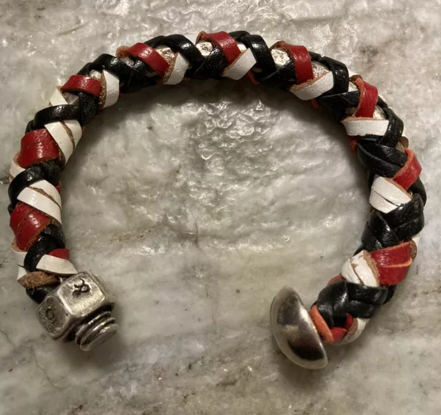 Giles & Brother Nut Bolt Cuff Bracelet Leather Lashing Red Black White Silver 2