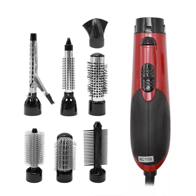 7 in 1 Hot Air Hair Dryer Brush Detachable Styler Negative Ion Scalp Massage Red