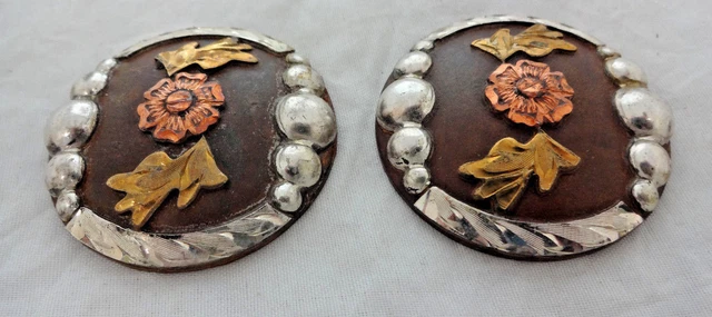 Pair California Hansen Western Gear Conchos Screw Back Silver Overlay Iron 1 3/4